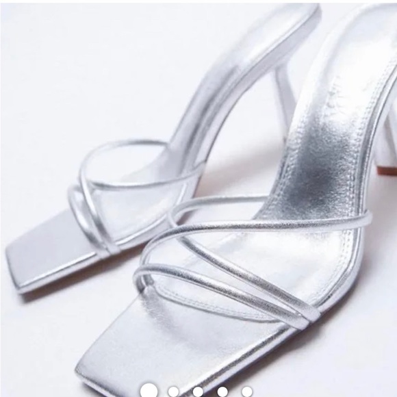 ZARA Beautiful Metallic Silver Slip On Front Strap Stiletto🔥🔥🔥 - Picture 3 of 12
